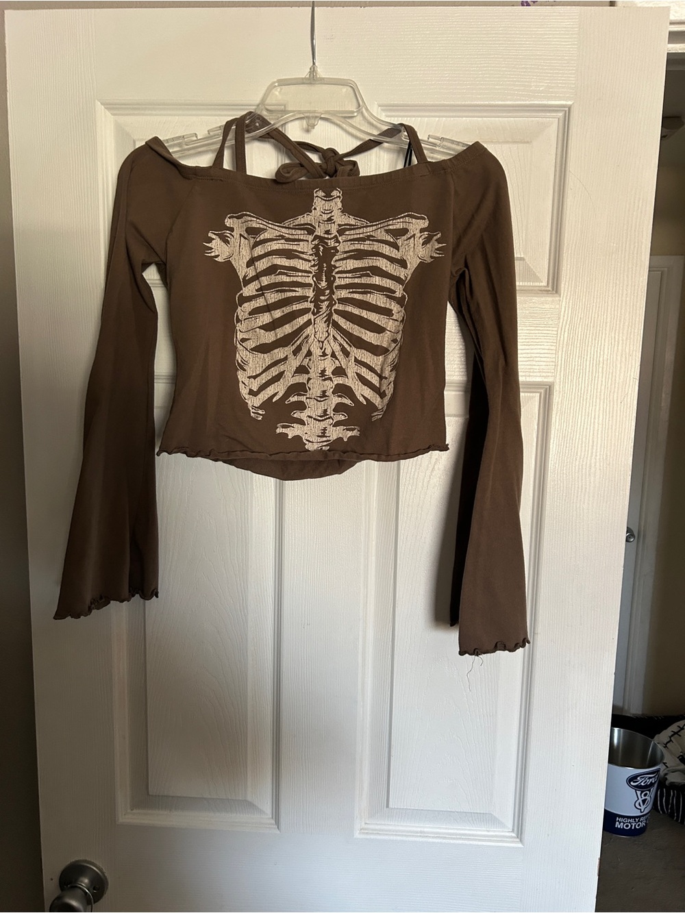 Hot Topic Brown Off-Shoulder Long Sleeve Top with Ribcage Graphic